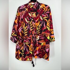 DR2 Daniel Rainn Satin Swim Cover Up Kimono Size S/M Tropical Tassels